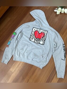 Gray Hoodie with Bold Red Heart Graphic